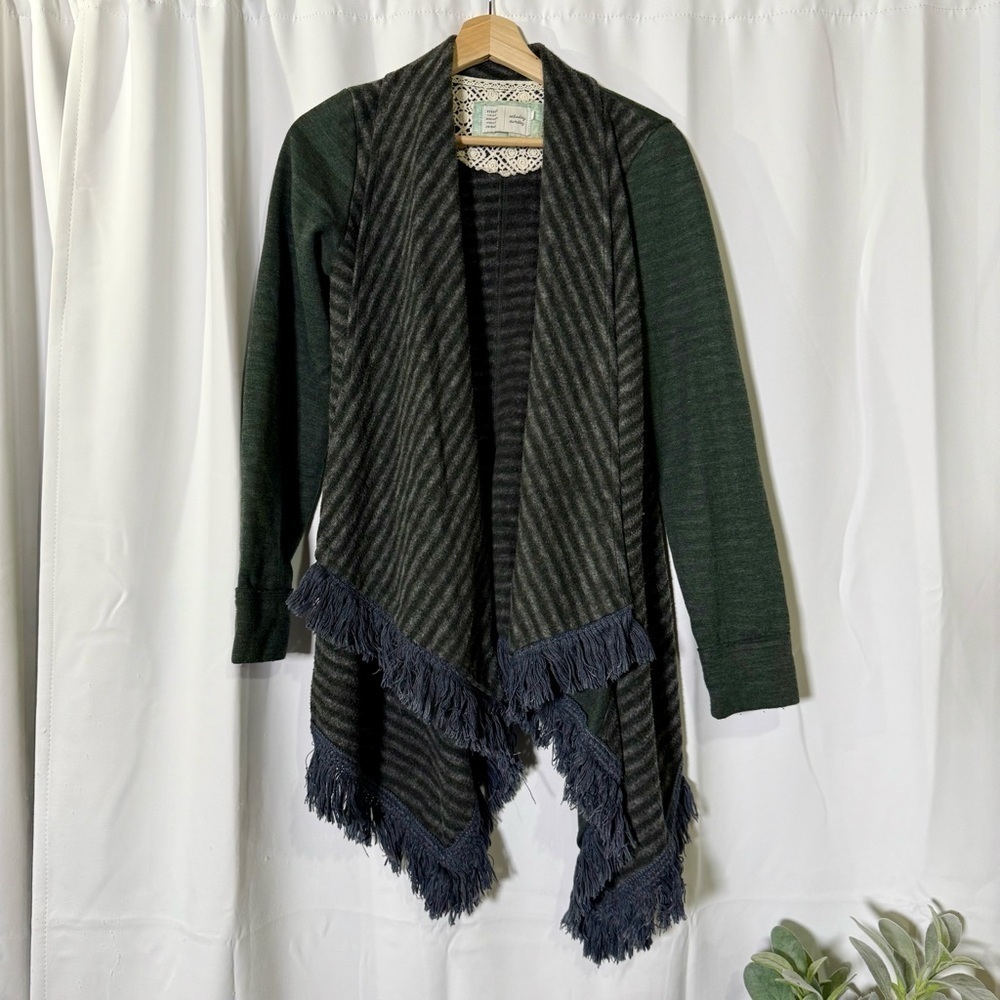 Saturday Sunday sweater draped grey & green open front fringe women small - Picture 3 of 10